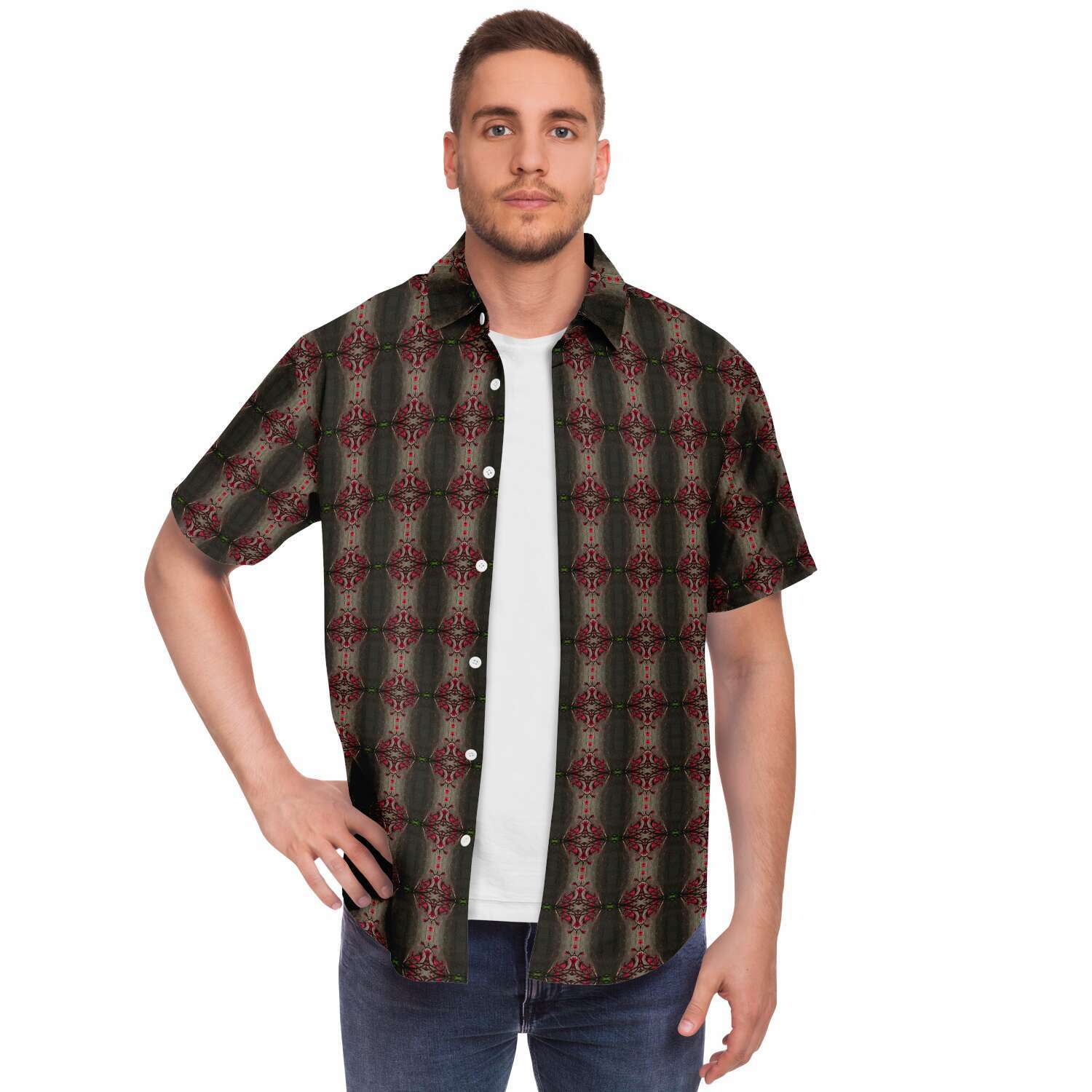 Short Sleeve Button Down Shirt (Red Flowers)