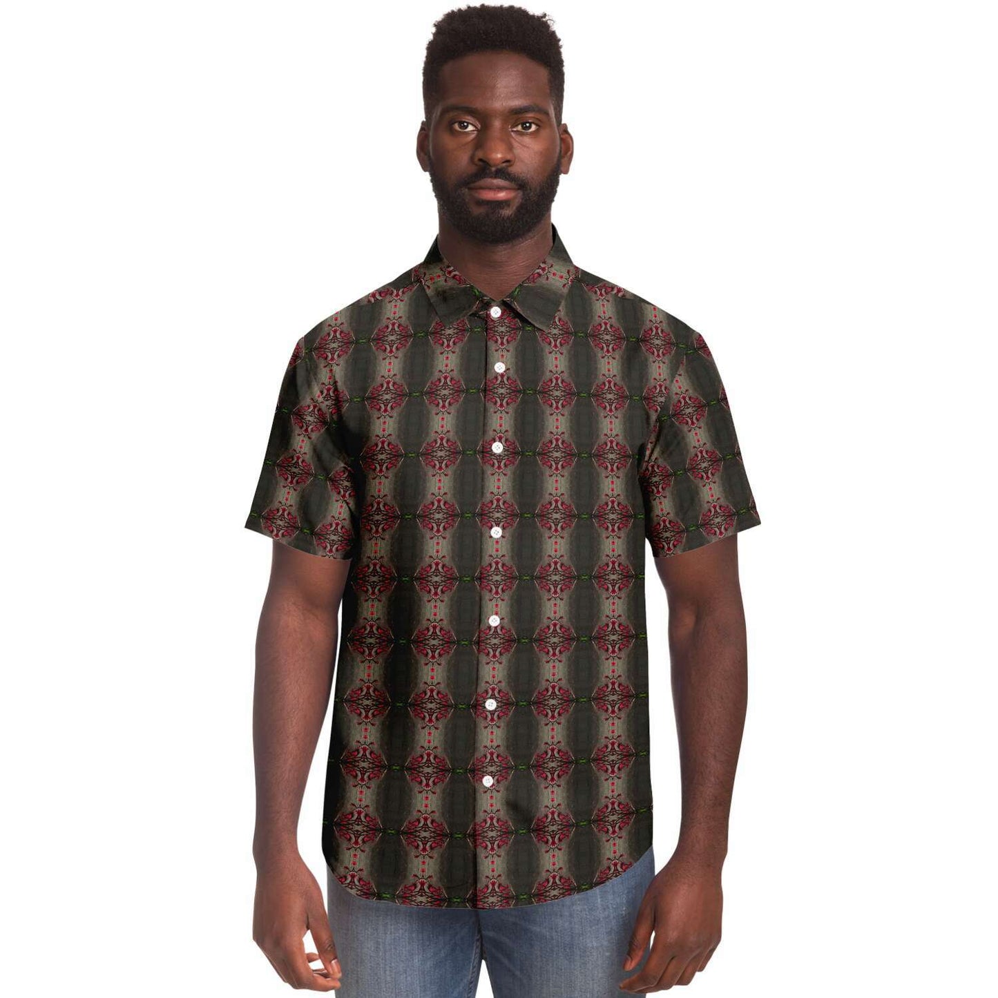 Short Sleeve Button Down Shirt (Red Flowers)