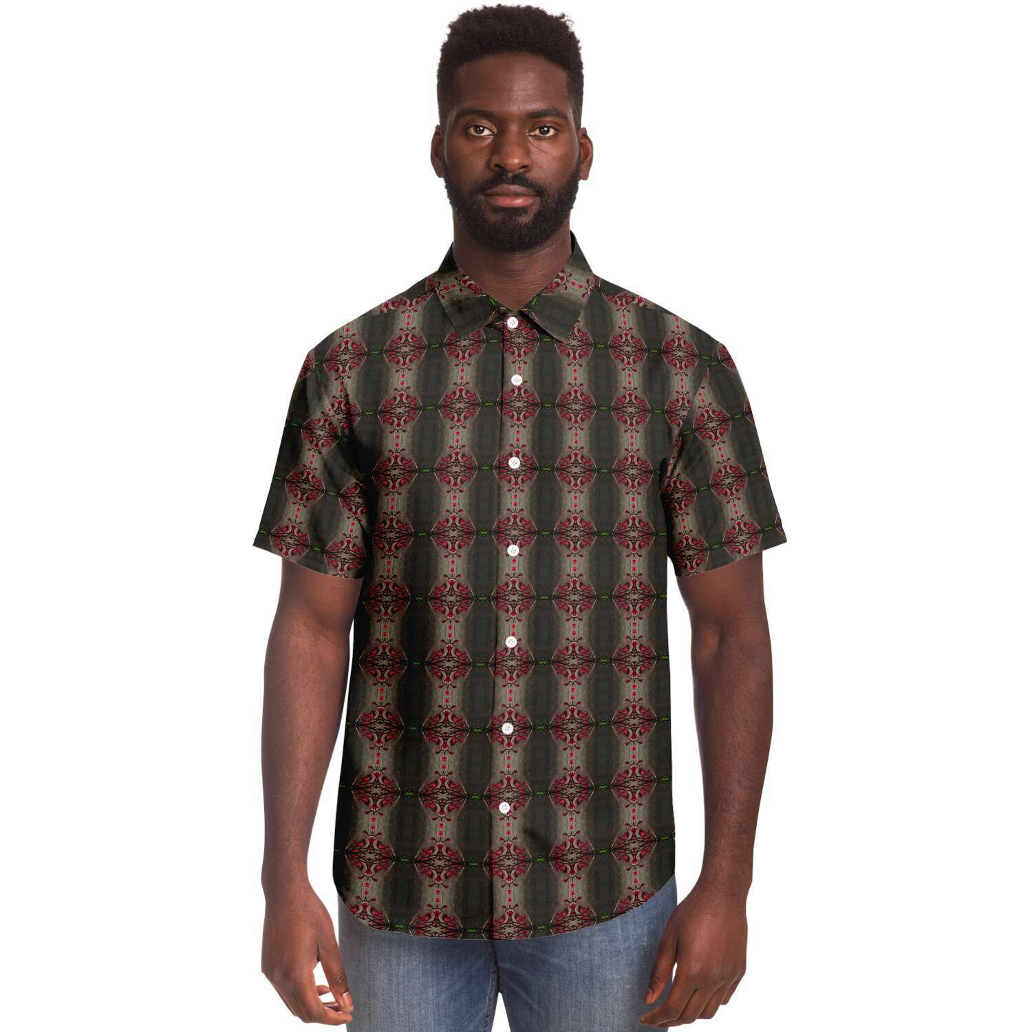 Short Sleeve Button Down Shirt (Red Flowers)